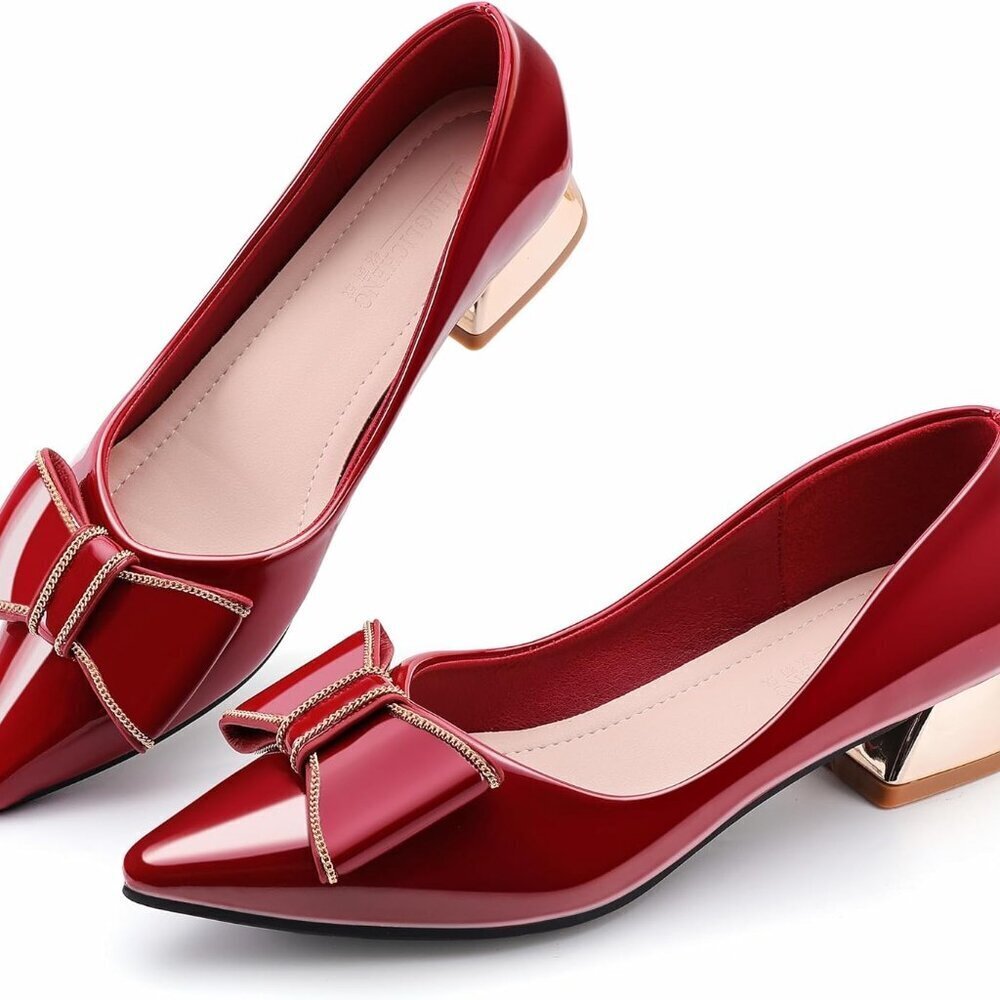 Women's Leather Closed Toe Chunky Block Heels Pumps for Work Dress Wedding